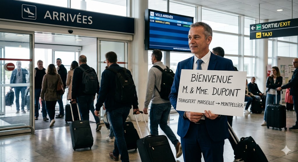 Chauffeur privé avec pancarte attendant ses clients pour un transfert aéroport Marseille Montpellier