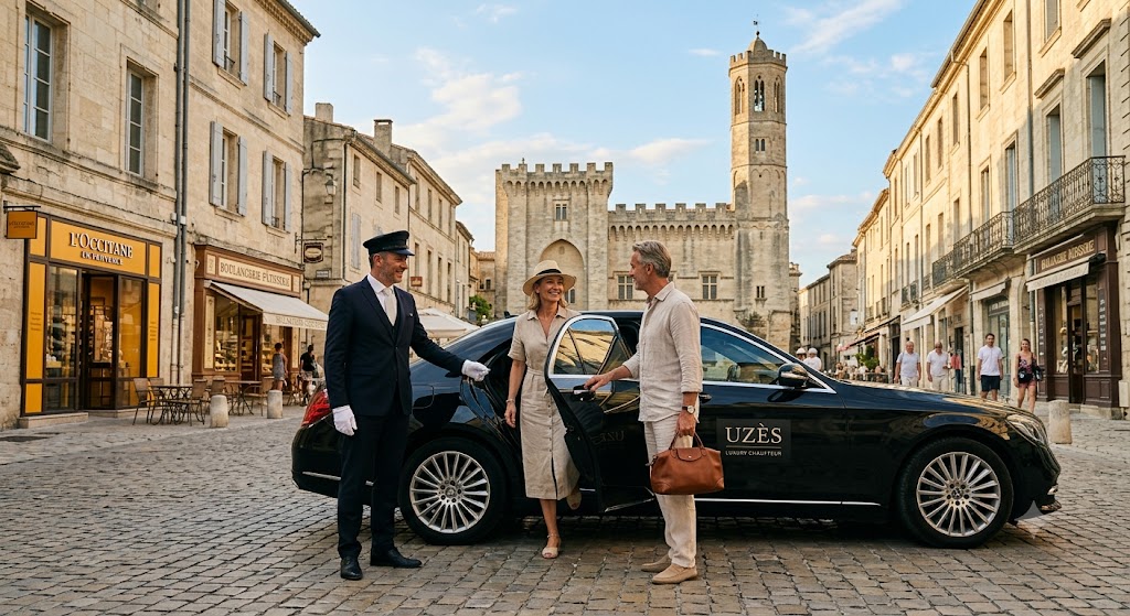 Chauffeur privé Uzès de luxe assurant un transfert touristique premium dans le Gard