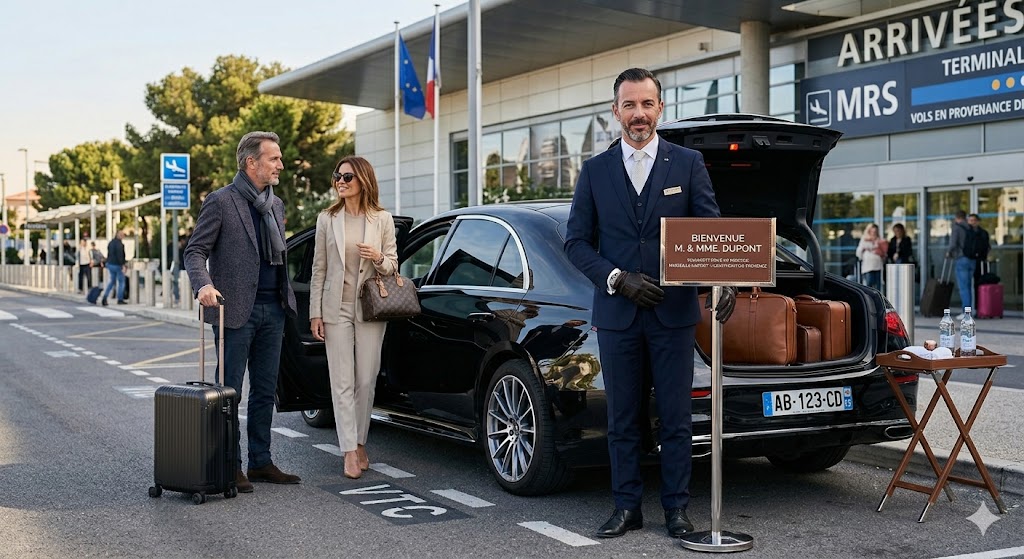 Chauffeur privé VIP attendant ses clients à l'aéroport pour un transfert aéroport Marseille Saint-Rémy-de-Provence