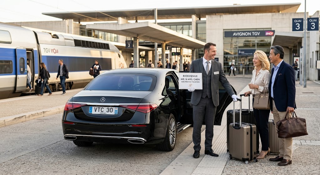 Chauffeur privé Uzès accueillant ses clients VIP à la gare TGV d'Avignon pour un transfert de prestige