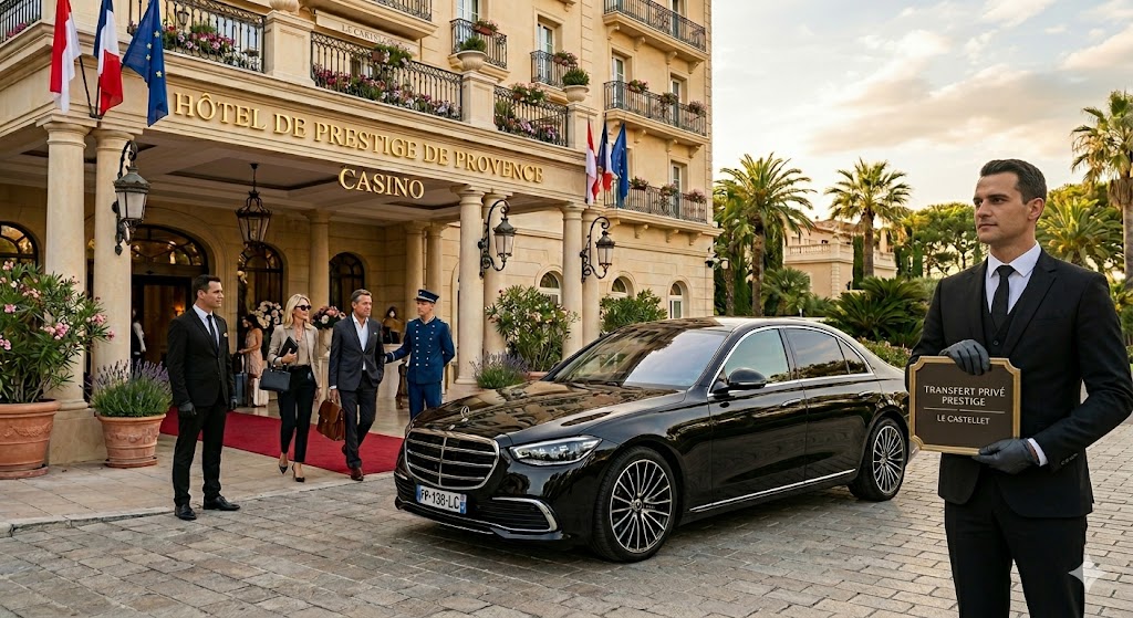 Berline premium de luxe devant un hôtel de prestige pour un transfert vers Le Castellet