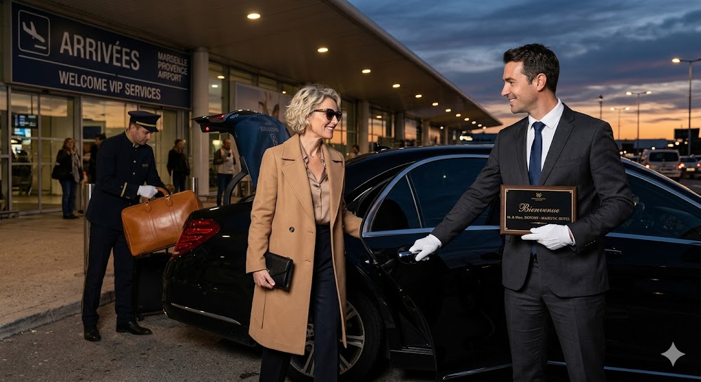 Chauffeur privé accueillant un client VIP à l'aéroport avec une berline de luxe hôtelière