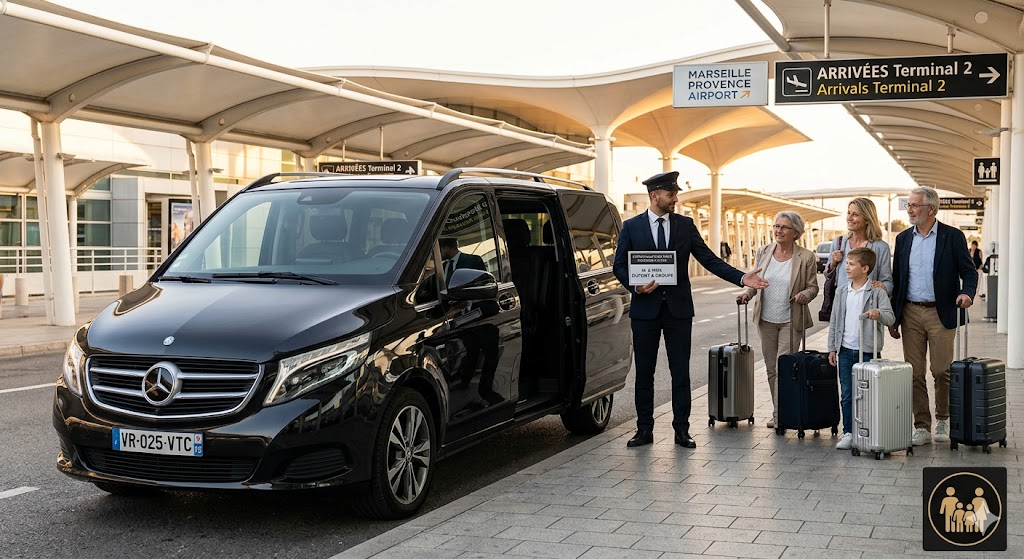 Chauffeur privé accueillant des clients à l'aéroport Marseille Provence