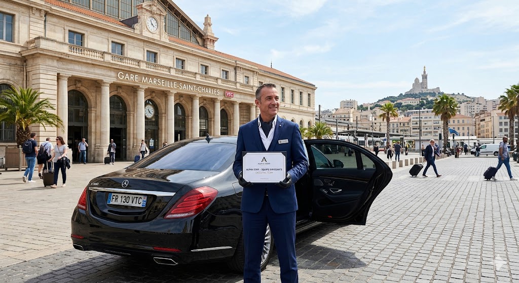 Chauffeur privé attendant une équipe dirigeante à la gare de Marseille