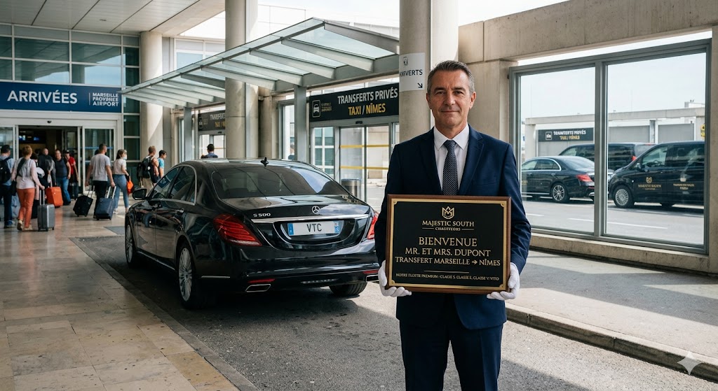 Chauffeur privé VIP attendant ses clients à l'aéroport pour un transfert Marseille Nîmes