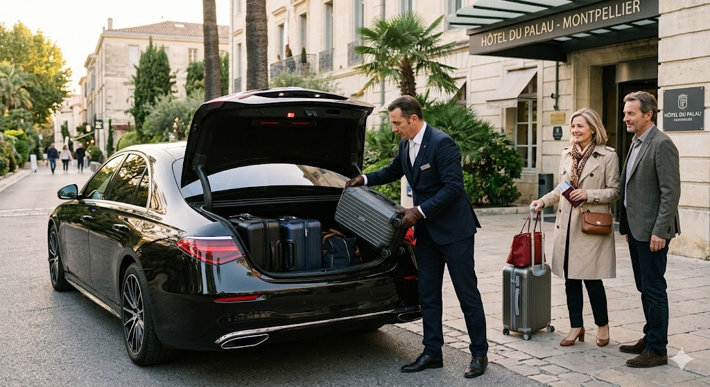 Chauffeur privé chargeant les valises pour le trajet de retour entre Montpellier et Marseille