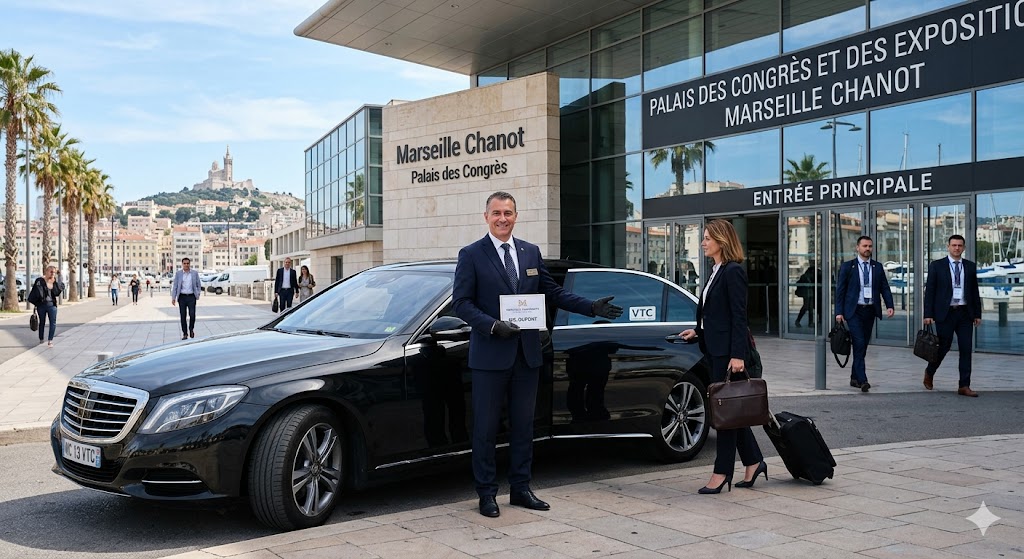 Chauffeur privé entreprise devant un centre de congrès à Marseille