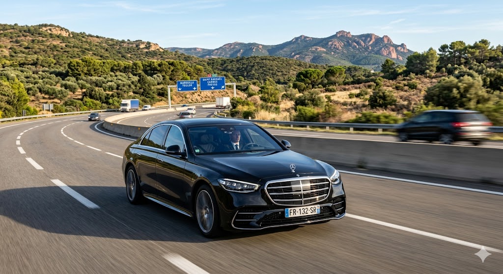 Berline noire premium sur l'autoroute pour un transfert Marseille Saint-Raphaël