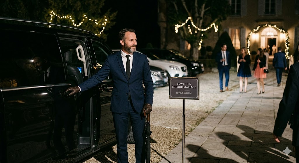 Chauffeur privé attendant les invités pour les navettes nocturnes sécurisées de retour de mariage