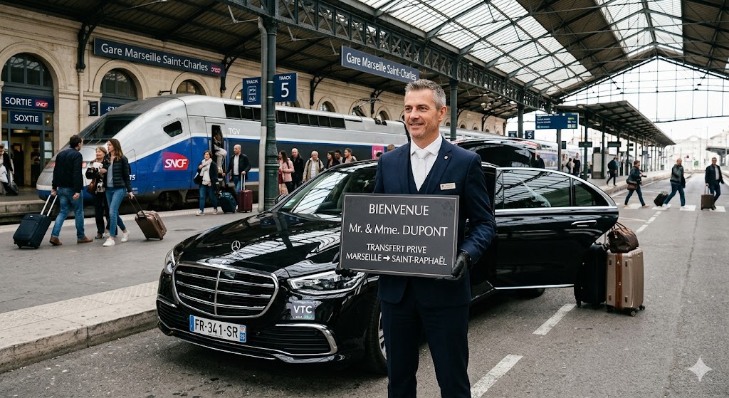 Chauffeur privé attendant à la gare pour un transfert Marseille Saint-Raphaël
