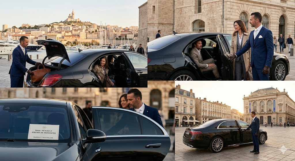 Chauffeur privé de luxe assurant un transfert Marseille Montpellier premium
