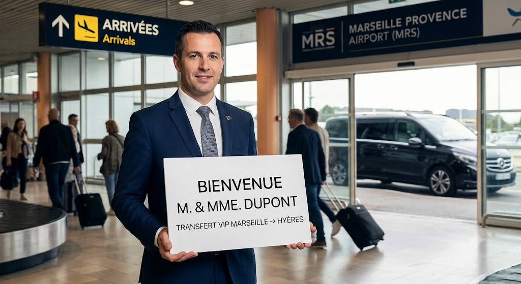 Chauffeur privé VTC avec pancarte nominative assurant un accueil VIP pour un transfert aéroport Marseille Hyères